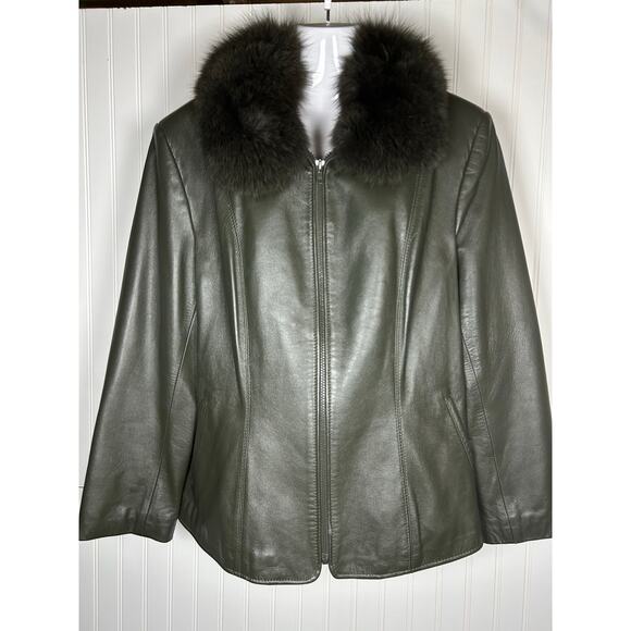 womens olive green leather jacket size L with fur collar excellent condition - Picture 1 of 9
